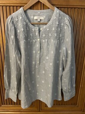 LOFT Light Grey Snowflake Smocked Yoke Top